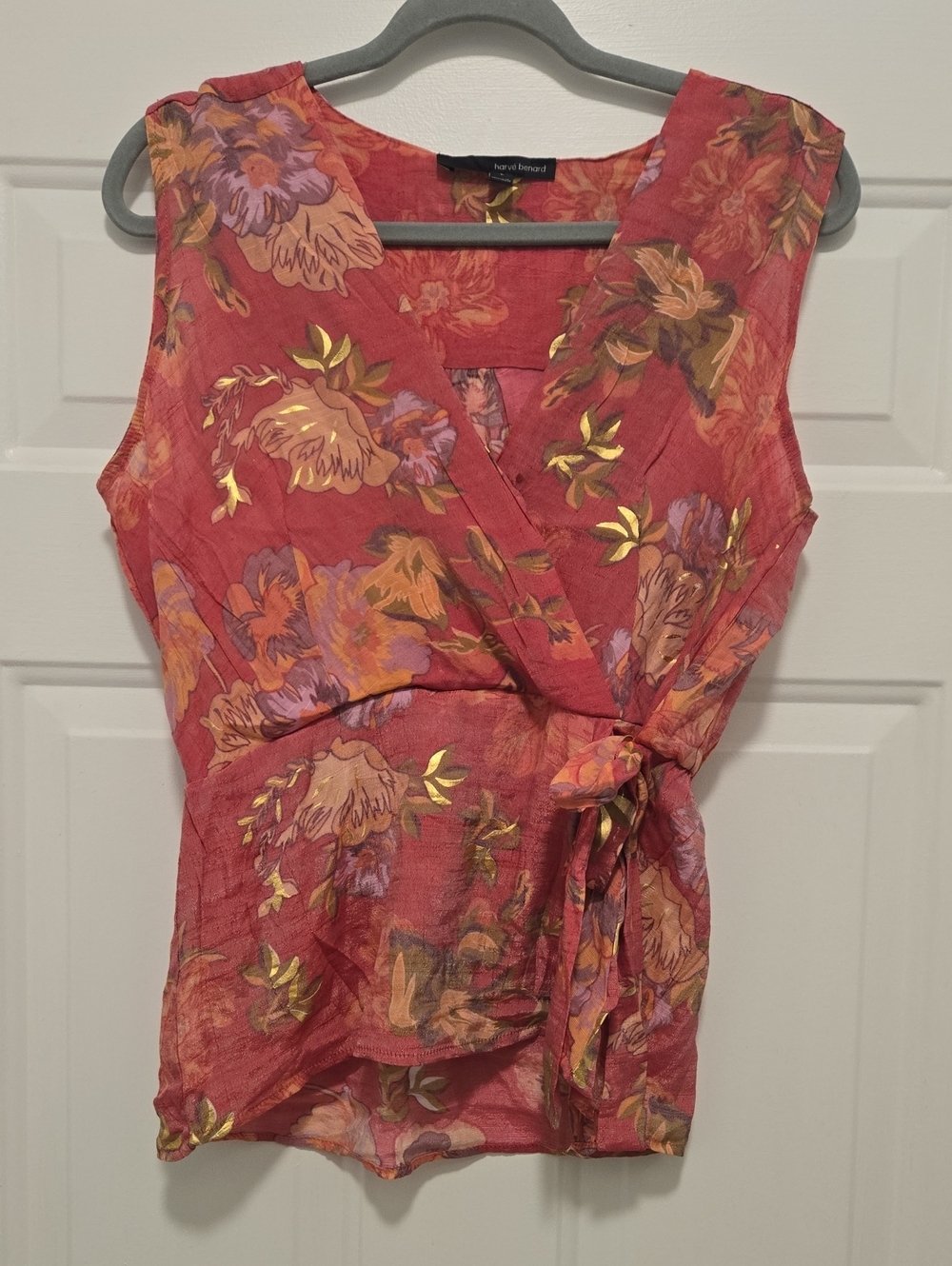Harve Benard Coral Floral Wrap Camisole with Gold Accents